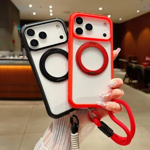 Detail shot of magnetic ring phone case with lanyard, transparent back and color bumper.