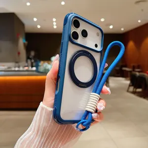 Clear blue bumper phone case with magnetic ring holder and lanyard detail shot showing craftsmanship.