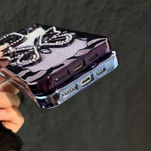 Glitter strass vlinder telefoonhoesje detail, gegalvaniseerde zachte hoes voor smartphone.