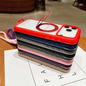 Detailed shot of multi-color phone cases with magnetic ring stand and clear back design.