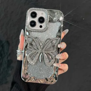 Glanzend zilveren strass vlinder telefoonhoesje met sprankelende glitter voor iPhone