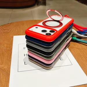 Detailed view of multi-color magnetic ring phone cases with stand and lanyard for iPhone.
