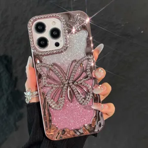 Luxe gegalvaniseerde zachte telefoonhoes met glitter en grote vlinder strassstenen