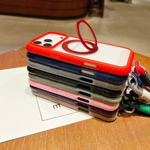 Colorful magnetic ring phone case with foldable stand and strap for iPhone, shockproof.