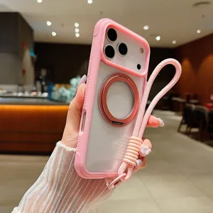 Pink magnetic phone case with 360 ring stand and strap for iPhone drop protection detail