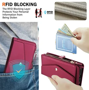 Πολυλειτουργική θήκη κινητού πορτοφολιού RFID blocking με τσέπη με φερμουάρ λεπτομέρεια.