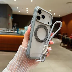 Detailed view of the magnetic phone case with rotating ring holder and stylish lanyard strap.