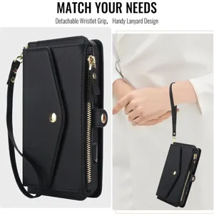 Multifunctional split magnetic phone case with cross-body strap and detachable wristlet.