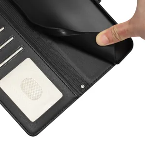 Zwarte lederen klaptelefoonhoes met kaartgleuven en flexibele binnenschaal voor uw smartphone.
