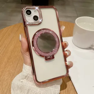 Ροζ χρυσή θήκη iPhone με καθρέφτη μακιγιάζ και βάση δακτυλίου, αστραφτερός φακός.