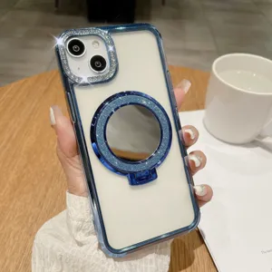 Διαφανής θήκη iPhone με μπλε πλαίσιο, προστασία κάμερας στραζ και μαγνητική βάση.