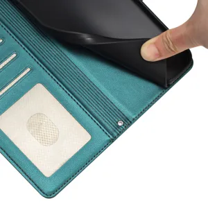 Gedetailleerd overzicht van het turquoise lederen portemonnee telefoonhoesje met TPU houder.
