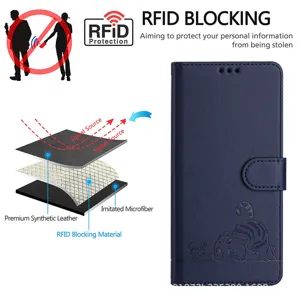 Blauw leren portemonnee hoesje voor Google Pixel 8 Pro met kat motief en RFID blok.