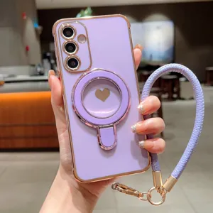 Μωβ θήκη τηλεφώνου Samsung Galaxy με χρυσή άκρη, μαγνητική βάση και λουράκι καρπού