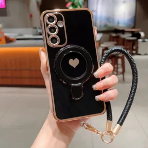 Θήκη τηλεφώνου Samsung με βάση δακτυλιδιού καρδιάς και μαύρο πλεγμένο κορδόνι.