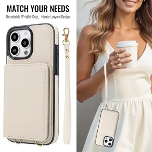Λεπτομέρεια θήκης iPhone από μπεζ δέρμα με θήκη καρτών, βάση και αποσπώμενο λουράκι.