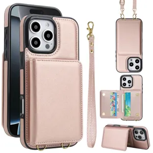 Θήκη πορτοφολιού iPhone σε ροζ χρυσό με θήκη καρτών στήριξη και λουράκι χιαστί.