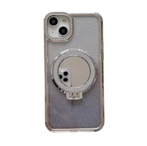 Ασημένια θήκη iPhone με γκλίτερ διαβάθμιση, καθρέφτη, βάση δαχτυλιδιού και στρασ.