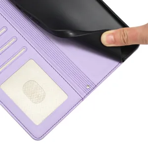 Paarse PU lederen flip portefeuille telefoonhoesje detail met kaartgleuven en binnenste schaal.