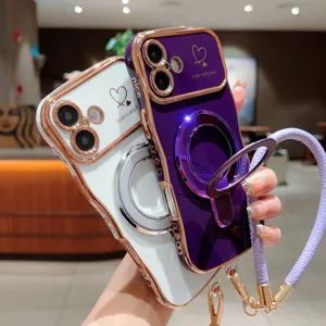 Gegalvaniseerde dubbel hart iPhone hoesje met groot venster standaard en gevlochten koord.