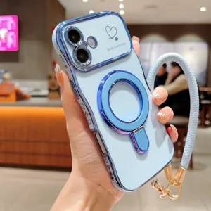 Detail van blauwe gegalvaniseerde telefoonhoes met groot vensterstandaard en polsbandje.