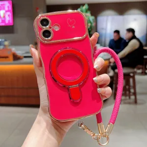 Roze gegalvaniseerde golvende telefoonhoes met magnetische ringstandaard en band.