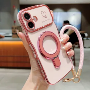 Gedetailleerde close-up van roségouden telefoonhoesje met MagSafe ringstandaard en koord.