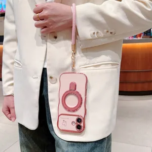 Gegalvaniseerde golvende telefoonhoes met ringstandaard en roze koord voor iphone hoesje