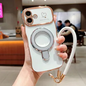 Gegalvaniseerd golvend telefoonhoesje met magnetische ringstandaard en polsband voor iPhone