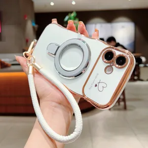 Gegalvaniseerde hart MagSafe hoesje met polsband voor iPhone 17 16 15 beschermende golf case