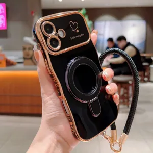 Elektrolytische magnetische telefoonhoes met standhouder en koord voor iPhone in zwart.