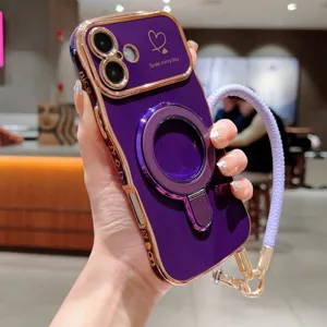 Elektroplating paarse telefoonhoes met ringstandaard en polsband voor iPhone stijlvol.