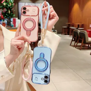 Gegalvaniseerde golvende telefoonhoes met koord en ringhouder, schattig hartdesign geschikt voor iPhone.