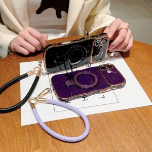Elektrolytische magnetische telefoonhoes met ringstandaard en lederen koord voor iPhone.
