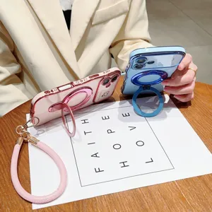 Gegalvaniseerd golvende telefoonhoes met ringstandaard en polsband voor iPhone hoesje.