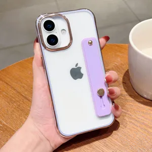 Clear electroplated iPhone case with purple wrist strap stand, minimalist protective cover.