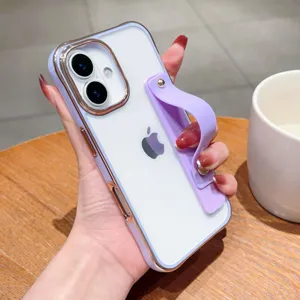 Elegant electroplated purple phone case with wrist strap and stand for iPhone devices.