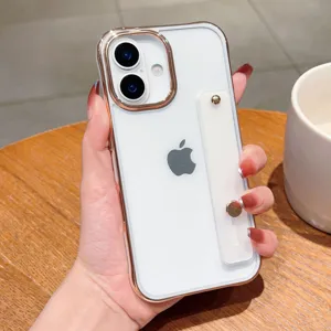 Electroplated acrylic phone case with wrist strap bracket for iPhone, clear protective cover.