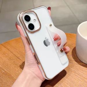 Minimalist electroplated acrylic wrist strap phone case for iPhone 15 with protective cover.