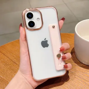 Detailed close-up shot of the electroplated dual-color acrylic phone case with wristband stand.