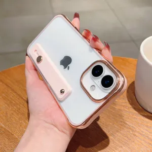 Clear electroplated phone case with wrist strap stand for iPhone compatible protective cover