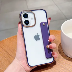Detailed view of electroplated acrylic phone case with purple kickstand and wristband.