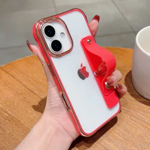 Detailed view of electroplated acrylic phone case with convenient wrist strap for iPhone.