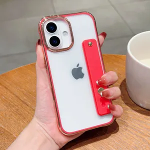 Detailed view of elegant electroplated acrylic phone case with wrist strap and kickstand support.