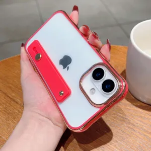 Electroplated acrylic phone case with wrist strap for iPhone 15 pink protective cover