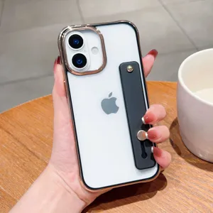 Acrylic phone case detail with wrist strap and electroplated frame for iPhone 15 series.