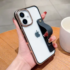 Clear acrylic phone case detail with black wrist strap stand, elegant electroplated dual color frame.