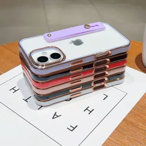 Clear electroplated phone case with wrist strap stand for iPhone, stylish protective cover