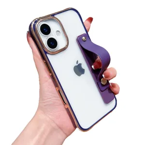 Electroplated Clear Acrylic Phone Case with Wrist Strap Stand for iPhone Series Cover