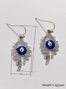 Detail view of fashion evil eye rhinestone hook earrings with size and weight specs.